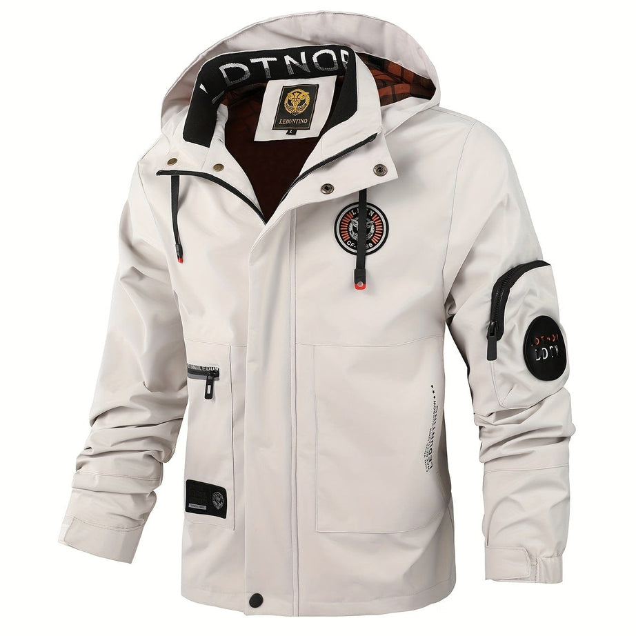 Sophie Store Ultimate Spring and Fall Companion: Men's Waterproof Zip-Up Jacket with Sleeve Pocket and Drawstring Hood
