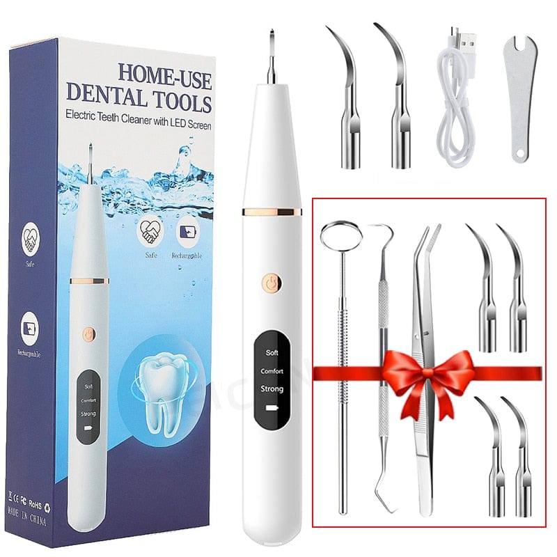 Sophie Store White Kit add 4 tips Ultrasonic Dental Scaler For Teeth Tartar Stain Tooth Calculus Remover Electric Sonic Teeth Plaque Cleaner Dental Stone Removal