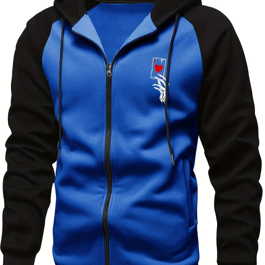 Sophie Store XXL(44) / Blue Deal of Style: Men's Color Block Poker Print Zip-Up Hooded Sweatshirt for Autumn and Spring