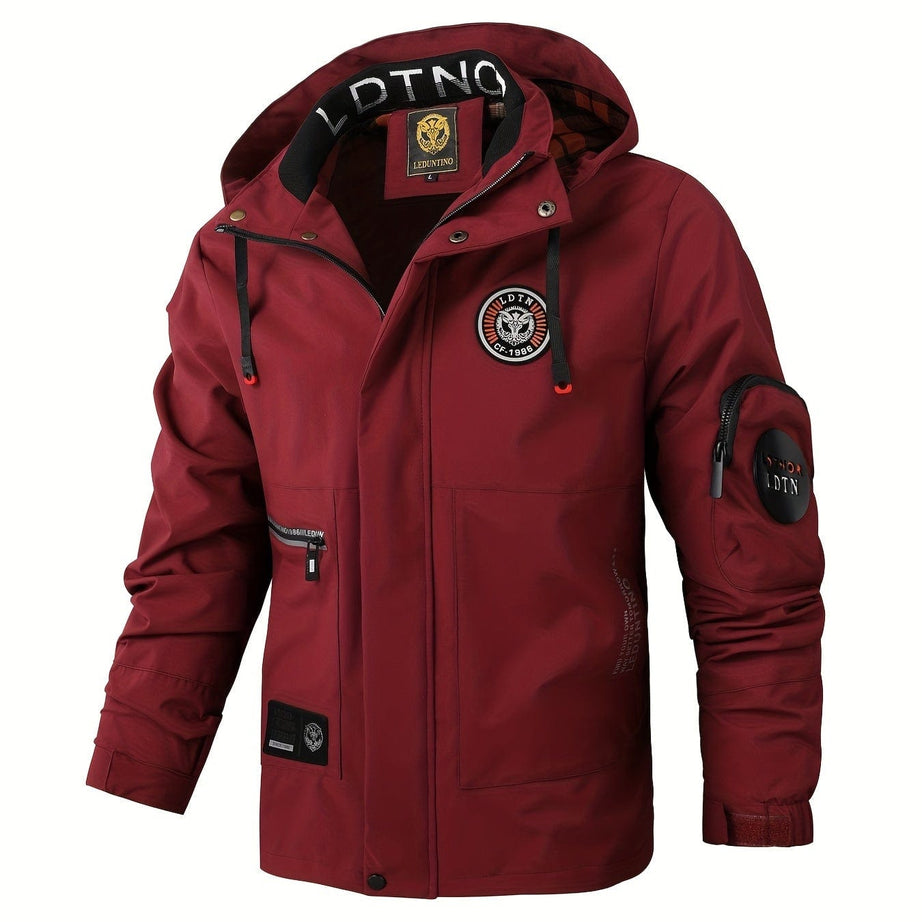 Sophie Store Zipper Sleeve Pocket Waterproof Drawstring Hooded Jacket, Men's Casual Mid Stretch Zip Up Jacket For Spring Fall Outdoor
