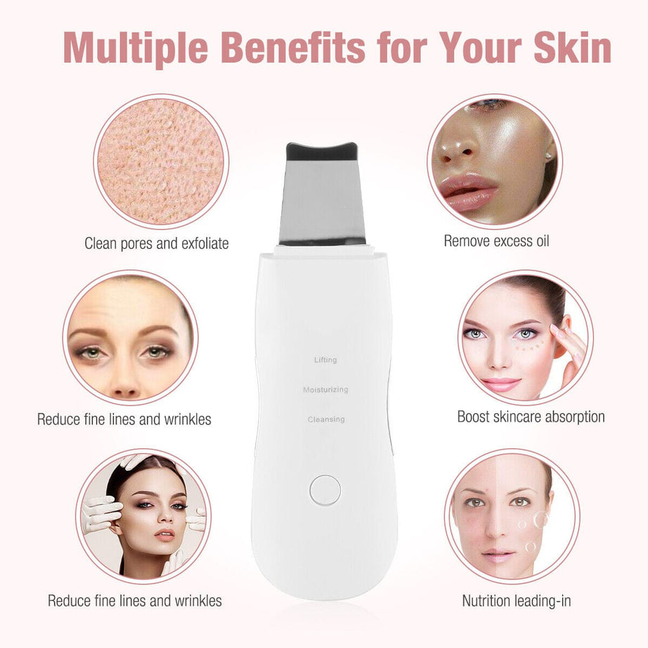 Trade Castle Skin care White Ultrasonic Skin Scrubber Deep Face Cleaning Machine Peeling Shovel Facial Pore Cleaner Face Skin Scrubber Lift Beauty Instrument Ultrasonic Facial Scrubber Pore Blackhead Remover Spatula Deep Skin Spa