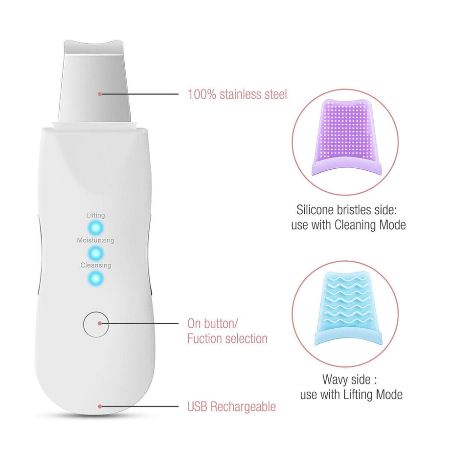 Trade Castle Skin care White Ultrasonic Skin Scrubber Deep Face Cleaning Machine Peeling Shovel Facial Pore Cleaner Face Skin Scrubber Lift Beauty Instrument Ultrasonic Facial Scrubber Pore Blackhead Remover Spatula Deep Skin Spa