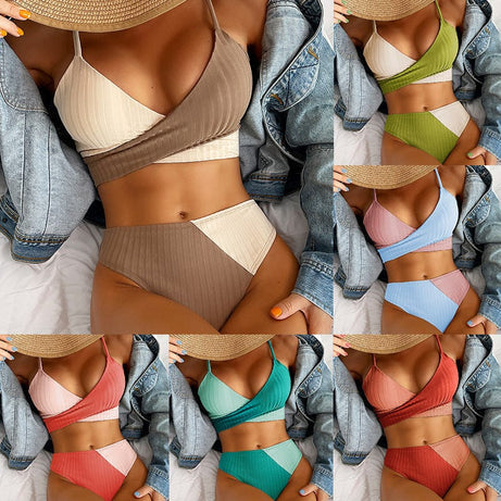 Trade Castle Summer items Bikini Patchwork Swimwear Ribbed Women's Swimsuit Knot Back Beachwear Ruched Butt Biquinis Bathing Suits