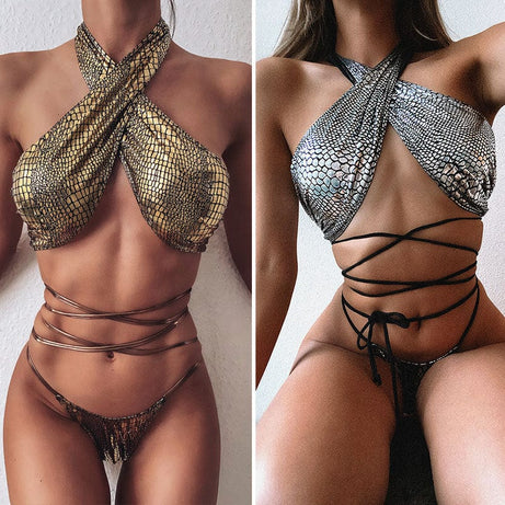 Trade Castle Summer items Bikini sexy bikini hot style snake print fabric strappy swimsuit