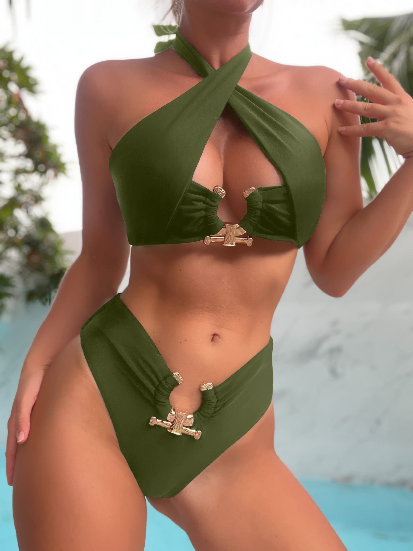 Trade Castle Summer items Women's Fashion Solid Color Split Neck High Waist Hollow Bikini