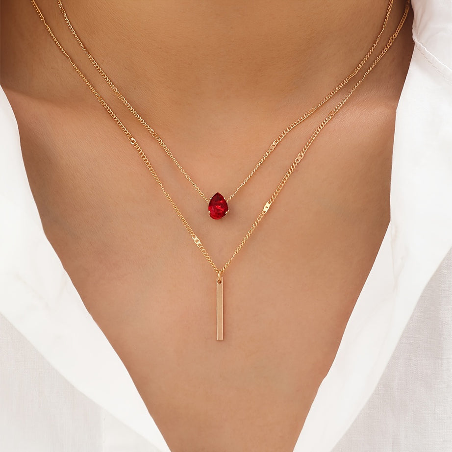 Simple Personality Red Zircon Double Layer Stacking Rod Pendant Necklace Women's Daily Wear Jewelry