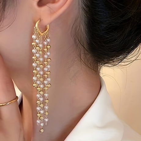 Long Tassel With Faux Pearl Decor Dangle Earrings Elegant Style Alloy Jewelry Trendy Gift For Women Girls