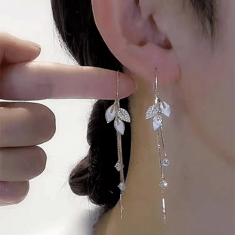 Shiny Leaf Tassel Earring Dangle Earrings, Micro Inlaid Copper Zircon Decor , Elegant And Sexy Style Long Drop Earring For Women