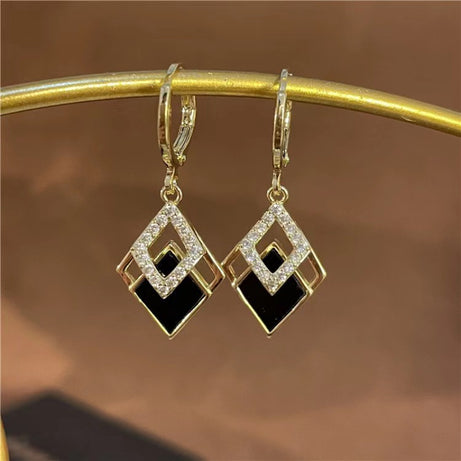 2pcs 1 Pair Black Diamond Pendant Earrings - Women's Pendant Earrings - Golden Buckle Pendant Earrings - Rhinestone Statement Earrings - Party Gifts, Holiday Gifts