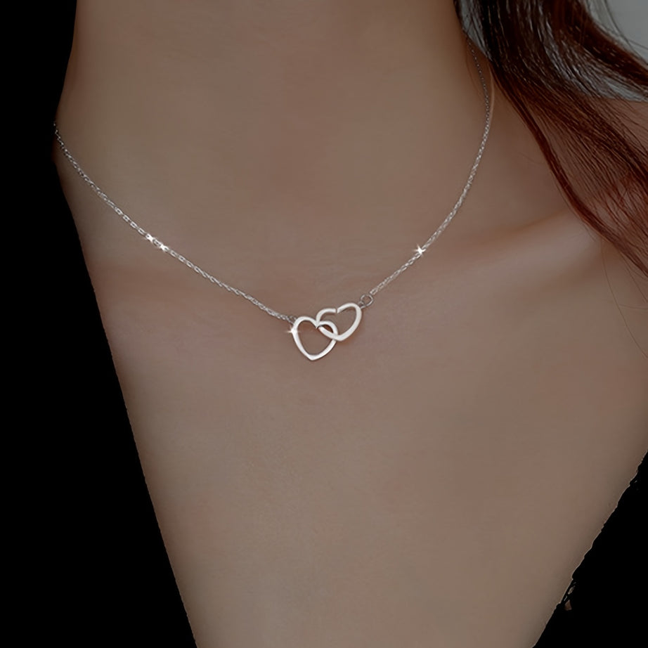 1pc Girl's Double Heart Necklace, Clavicle Elegant Chain Necklace