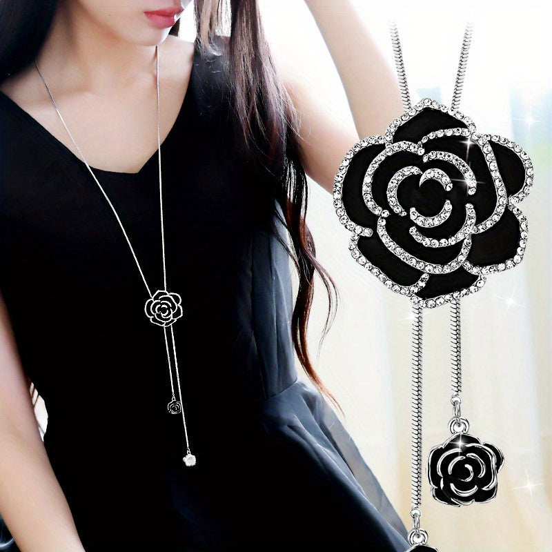 Korean Style Rose Flower Sweater Chain Long Necklace Female Hanging Accessories Clothes Accessories Gift