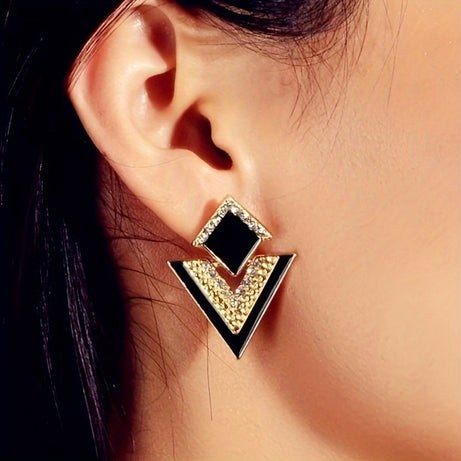 Geometric Black Rhinestones Drop Dangle Earrings, Golden Plated Jewelry For Women