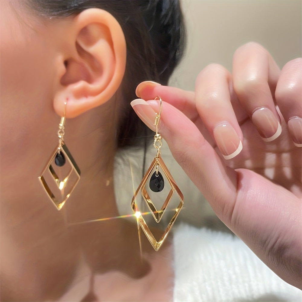 1 Pair, Retro Argyle Earrings, Black Rhinestone Pendant Hollow Square Earrings, Woman Girl Jewery, Holiday Gifts, Girlfriend Gifts, Jewelry Gift, Birthday Gifts, Mother's Day Gifts, Party Favors