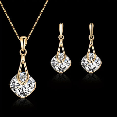 Inlaid Square Shape Crystal Jewelry Set With Pendant Necklace & Drop Earrings Prom Costume Jewelry Set For Women And Girls