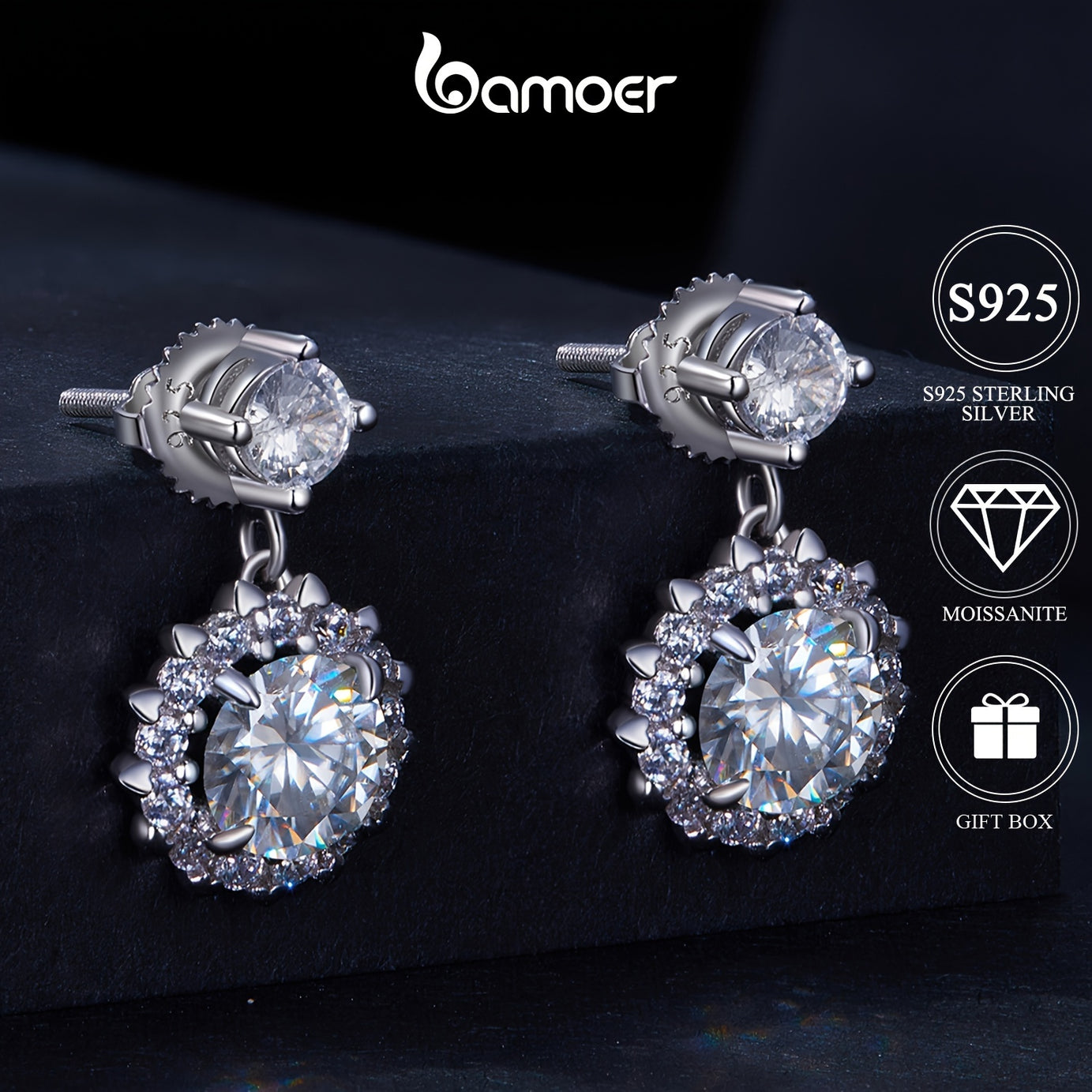 Moissanite Inlaid Stud Earrings 925 Sterling Silver Hypoallergenic Jewelry Elegant Luxury Style Female Wedding Gift With Box