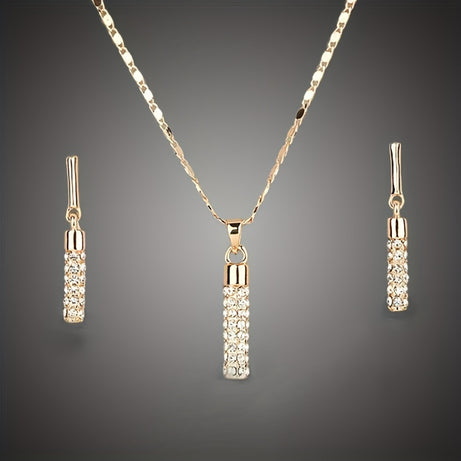 Sparkling Creative Cylindrical Rod Zircon Earrings & Necklace Jewelry Set Ladies Accessories 14K Gold Plated Ornament