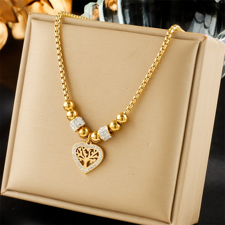 Stainless Steel 18K Gold Plated Heart Shape Necklace With Tree Hollow Pendant, Elegant Jewelry For Men & Women