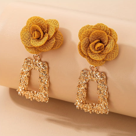 Dangle Earrings Flower Square Pendant Design Alloy Earrings Retro Elegant Style Jewelry Trendy Gift For Women