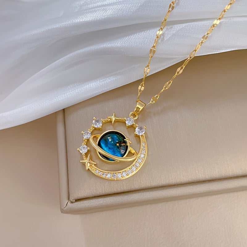 Stainless Steel Zircon Astral Blue Starry Planet Moon Pendant Necklace For Women, Great Christmas Halloween Thanksgiving Day Gift, New Year's Gift, Valentine's Day Gift