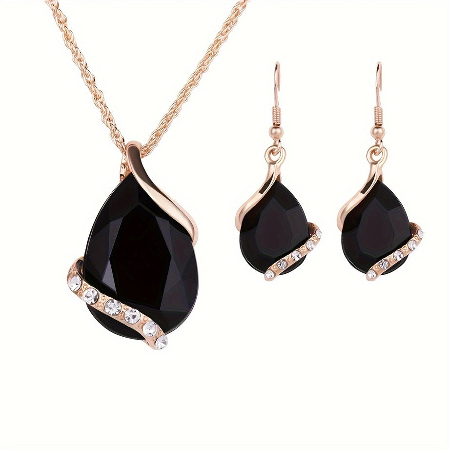 3pcs Earrings Plus Necklace Dainty Jewelry Set 14k Gold Plated Inlaid Teardrop Shape Rhinestone Multi Colors To Choose Match Daily Outfits