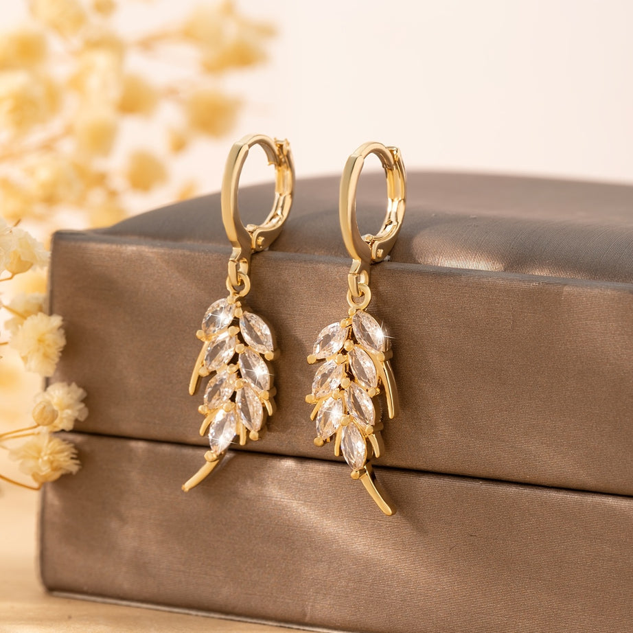 Temperament Luxury Leaf-Shaped Hoop Drop Earrings Inlaid Zircon 14K Gold Plated Fine Jewelry For Women Girls 1Pair