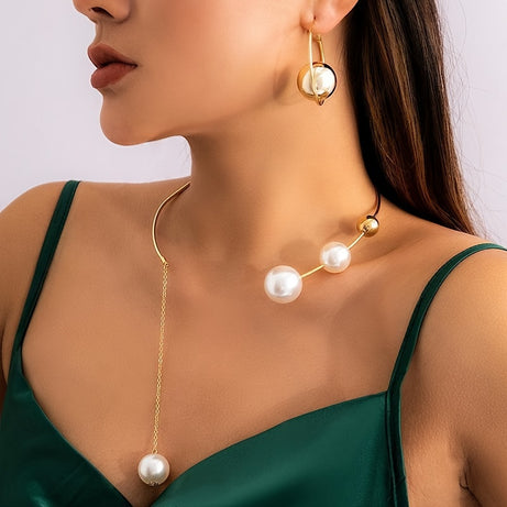1 Pair Of Earrings + 1 Necklace Stylish Jewelry Set 14k Gold Plated Inlaid Artificial Pearl Golden Or Silvery Make Your Call Party Decor