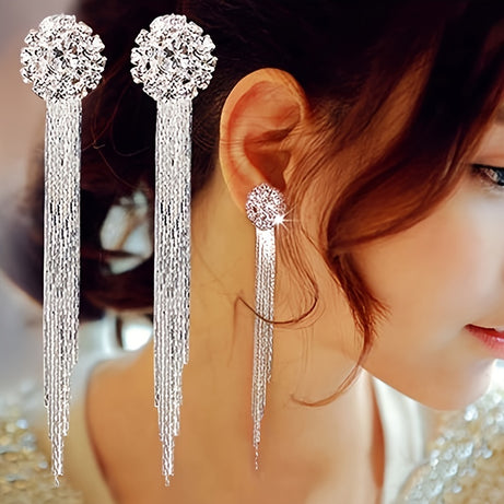 Full Shiny Rhinestone Tassel Design Long Dangle Earrings Luxury Elegant Style Copper Jewelry Wedding Ear Ornaments