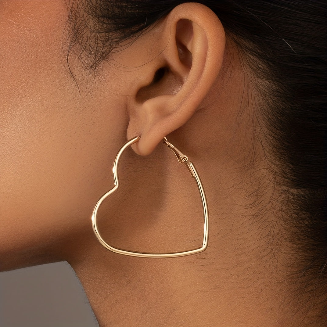 Pair Of Temperament Simple Heart Ladies Party Wedding Hoop Earrings Zinc Alloy Jewelry 14K Plated Ear Decor