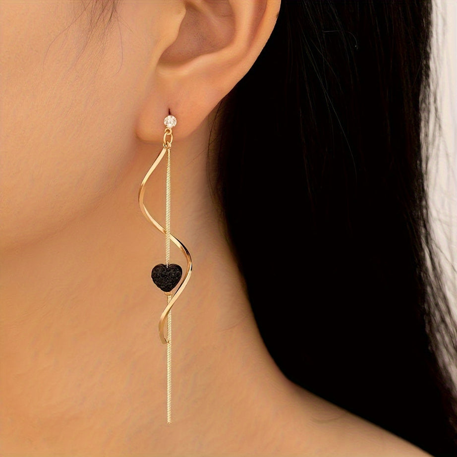 Spiral Lines Black Heart Design Dangle Earrings Elegant Cute Style 18K Gold Plated Jewelry Valentine's Day Gift