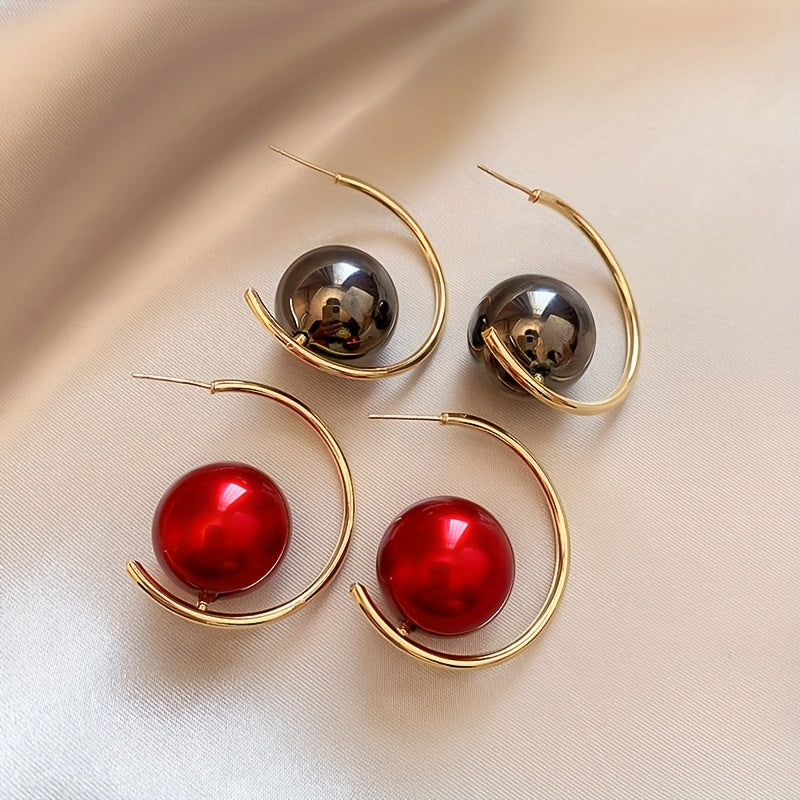 Unique Large C Shaped Hoop Earrings With Red Black Imitation Pearl Design Vintage Elegant Style For Women Daily Party Earrings