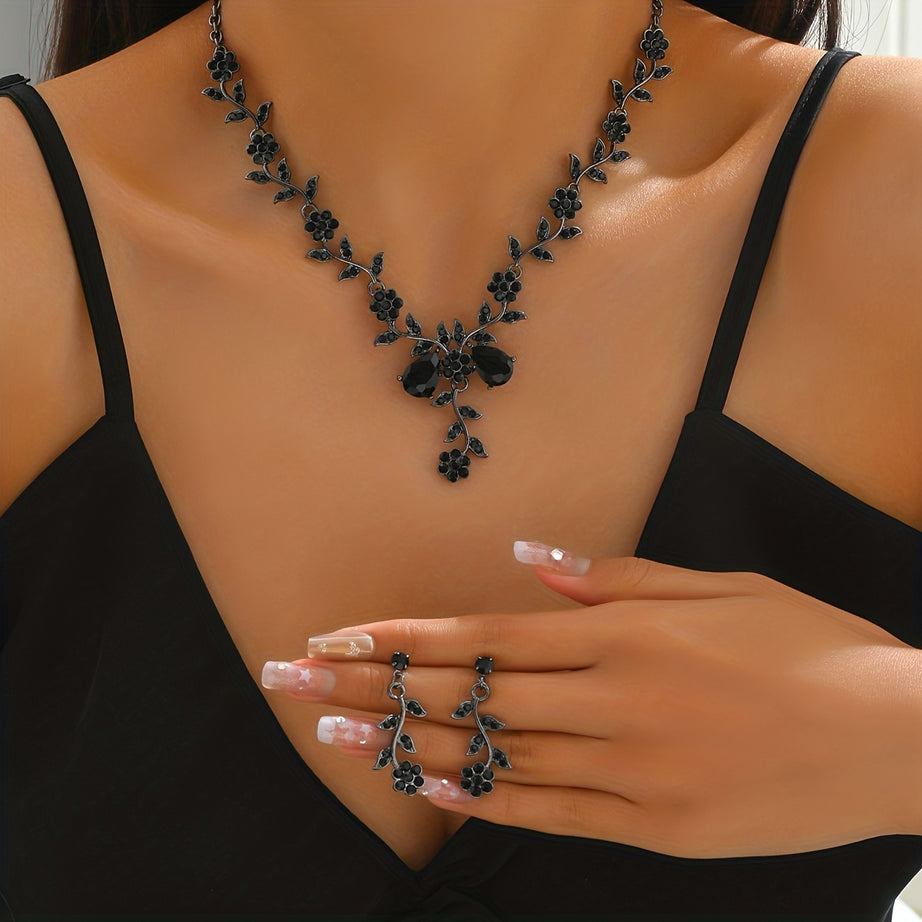 3pcs Earrings Plus Necklace Luxury Jewelry Set Trendy Flower Shape Inlaid Black Zircon Dainty Jewelry For Evening Party Cocktail Party Perfect Decor For Cool Girls
