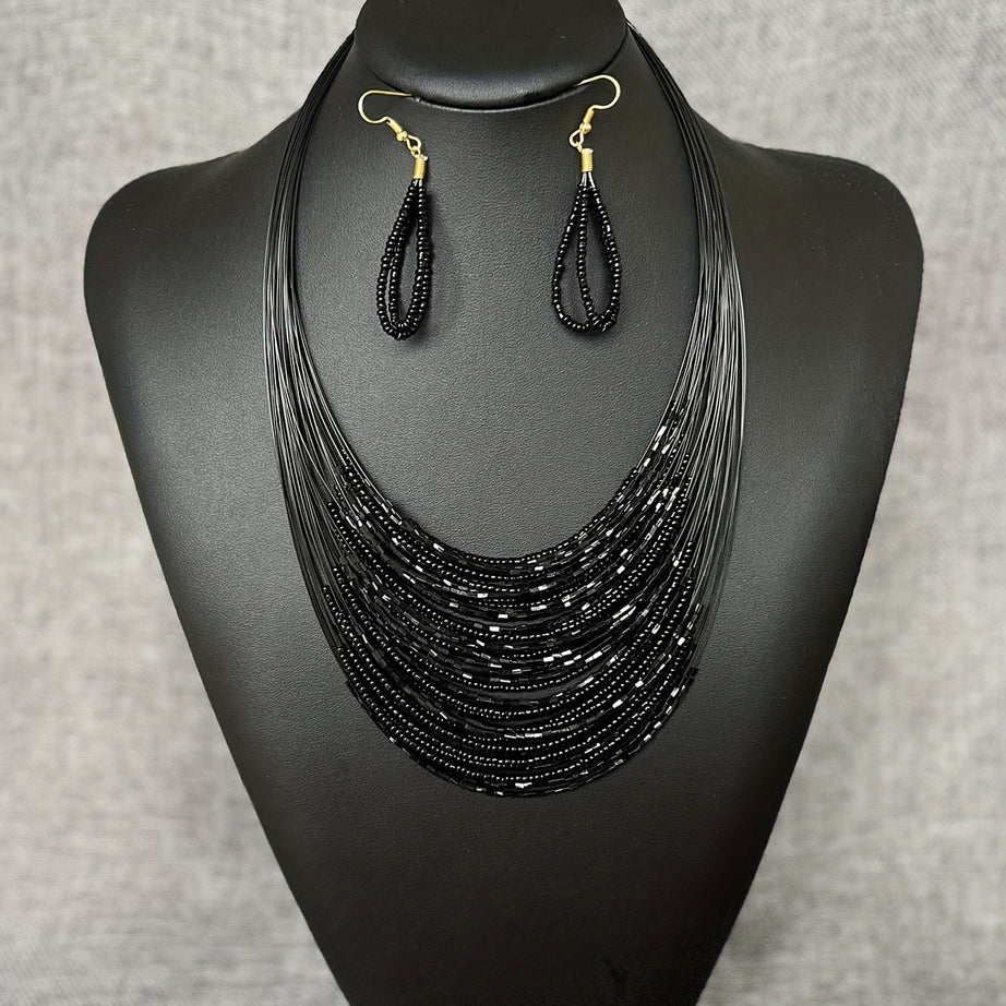 3pcs Handmade Earrings Plus Necklace Made Of Black Beads Multi Layer Design Symbol Of Evil And Mystery Match Daily Outfits Party Accessories