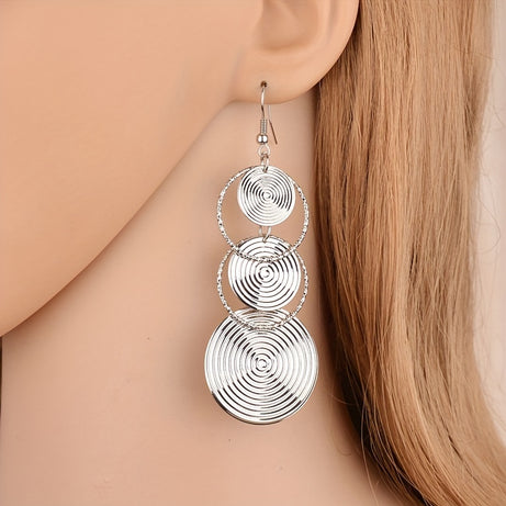 Silvery / Golden Disc Pendant Retro Dangle Earrings Alloy Silver Plated Jewelry Exquisite Female Gift