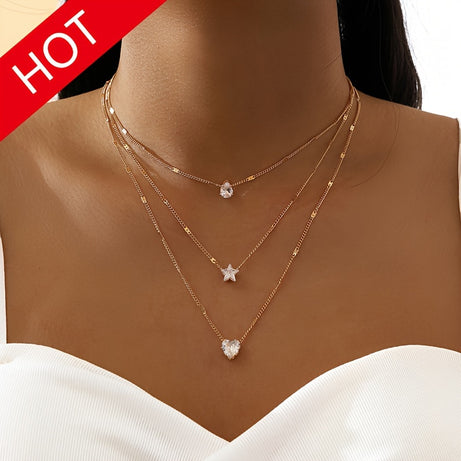 Crystal Zircon Heart Star Charm Layered Pendant Necklace Set For Women Rhinestone Modern Design Jewelry