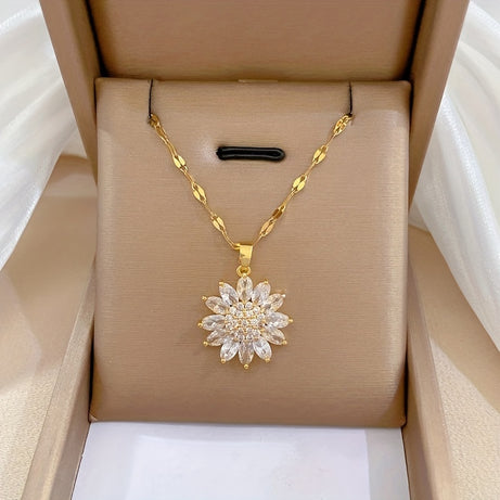 Stainless Steel Zircon Flower Pendant Necklace For Women Girl New Trend Clavicle Chain Jewelry Lady Gift Christmas,Halloween,Thanksgiving Gift