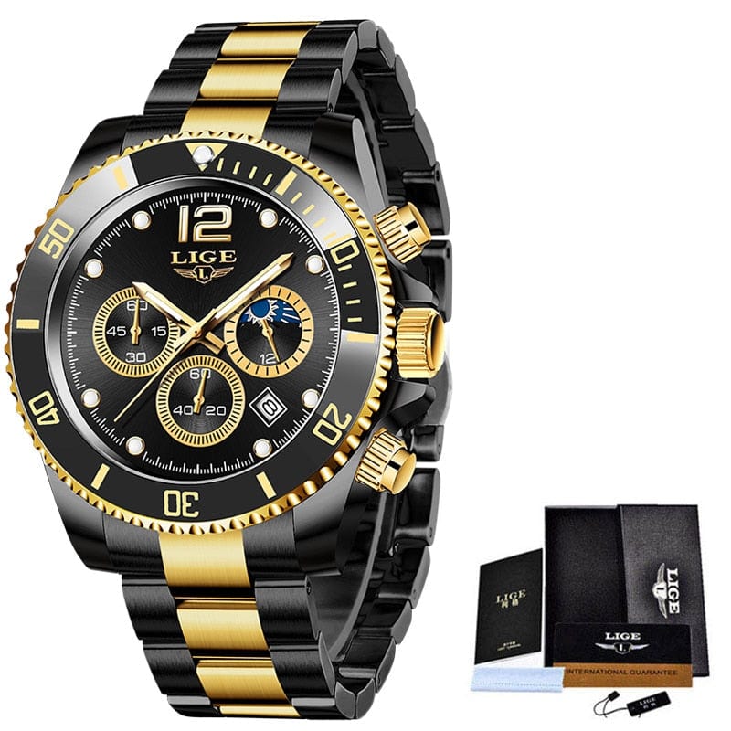 Trade Castle black gold / China LIGE Watches Mens Top Brand Luxury Clock Casual Stainless Steel 24Hour Moon Phase Men Watch Sport Waterproof Quartz Chronograph