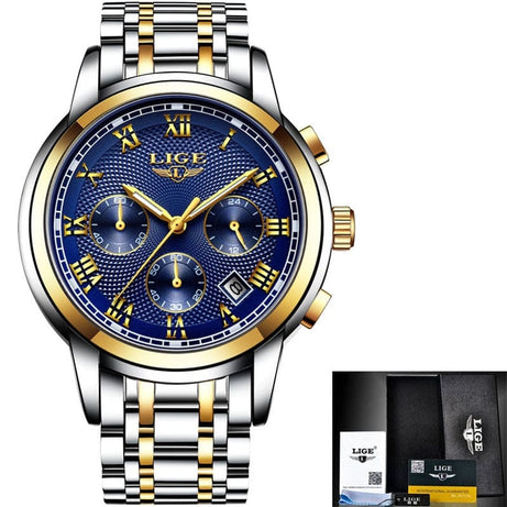 Trade Castle gold blue steel New LIGE Watches Men Luxury Brand Chronograph Men Sports Watches Waterproof Full Steel Quartz Men's Watch Relogio Masculino+BOX