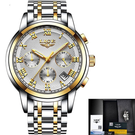 Trade Castle gold white steel New LIGE Watches Men Luxury Brand Chronograph Men Sports Watches Waterproof Full Steel Quartz Men's Watch Relogio Masculino+BOX