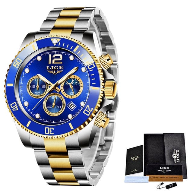 Trade Castle LIGE Watches Mens Top Brand Luxury Clock Casual Stainless Steel 24Hour Moon Phase Men Watch Sport Waterproof Quartz Chronograph