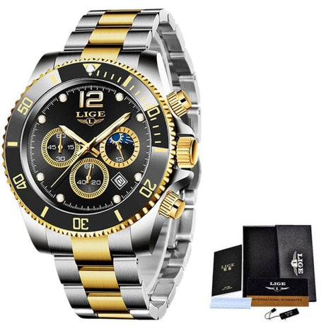 Trade Castle LIGE Watches Mens Top Brand Luxury Clock Casual Stainless Steel 24Hour Moon Phase Men Watch Sport Waterproof Quartz Chronograph