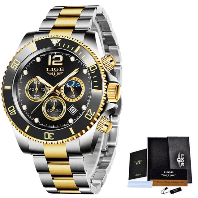 Trade Castle LIGE Watches Mens Top Brand Luxury Clock Casual Stainless Steel 24Hour Moon Phase Men Watch Sport Waterproof Quartz Chronograph