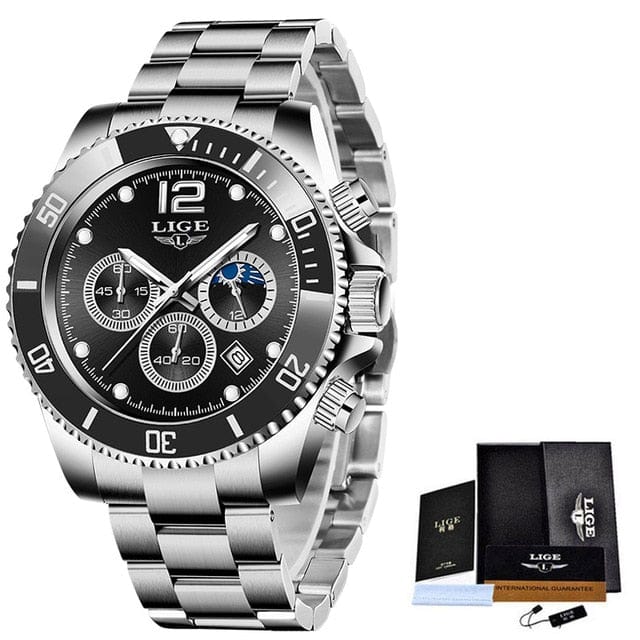 Trade Castle LIGE Watches Mens Top Brand Luxury Clock Casual Stainless Steel 24Hour Moon Phase Men Watch Sport Waterproof Quartz Chronograph