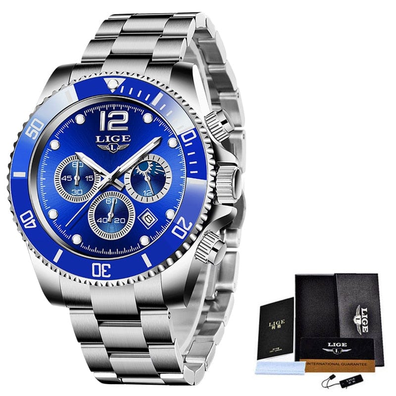 Trade Castle Silver blue / Russian Federation LIGE Watches Mens Top Brand Luxury Clock Casual Stainless Steel 24Hour Moon Phase Men Watch Sport Waterproof Quartz Chronograph