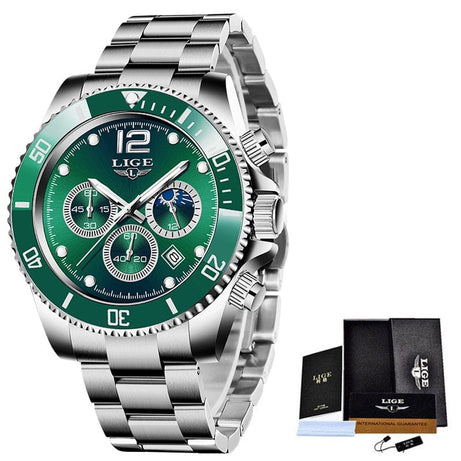Trade Castle Silver green / China LIGE Watches Mens Top Brand Luxury Clock Casual Stainless Steel 24Hour Moon Phase Men Watch Sport Waterproof Quartz Chronograph