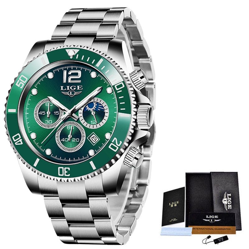 Trade Castle Silver green / China LIGE Watches Mens Top Brand Luxury Clock Casual Stainless Steel 24Hour Moon Phase Men Watch Sport Waterproof Quartz Chronograph
