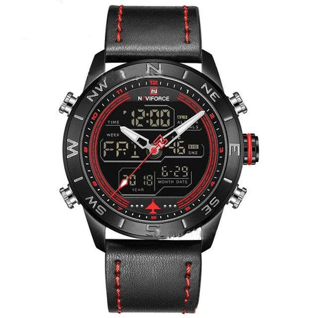 tradecastle mens Black red NAVIFORCE 9144 Fashion Gold Men Sport Watches Mens LED Analog Digital Watch Army Military Leather Quartz Watch Relogio Masculino