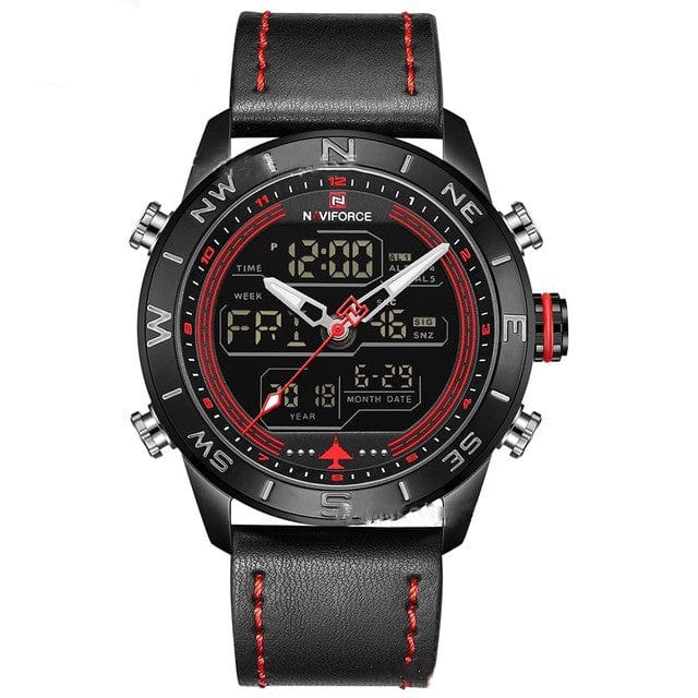 tradecastle mens Black red NAVIFORCE 9144 Fashion Gold Men Sport Watches Mens LED Analog Digital Watch Army Military Leather Quartz Watch Relogio Masculino