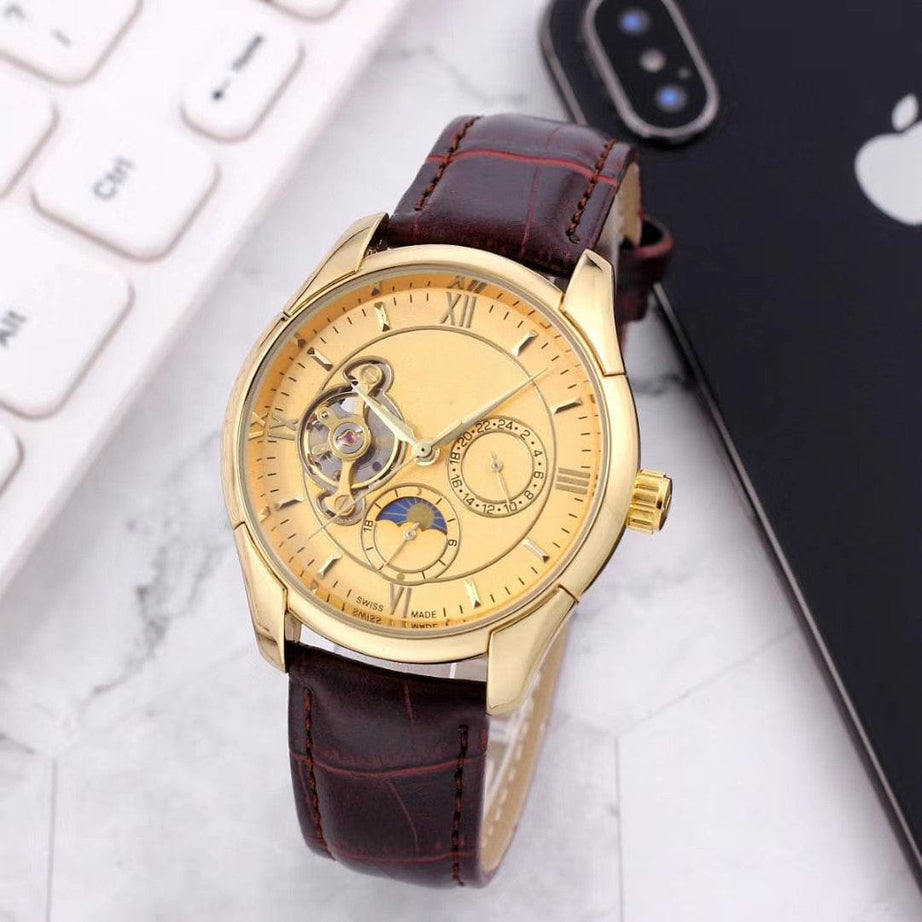 tradecastle mens Brown leather gold New mechanical watches