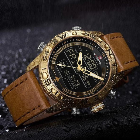 tradecastle mens NAVIFORCE 9144 Fashion Gold Men Sport Watches Mens LED Analog Digital Watch Army Military Leather Quartz Watch Relogio Masculino