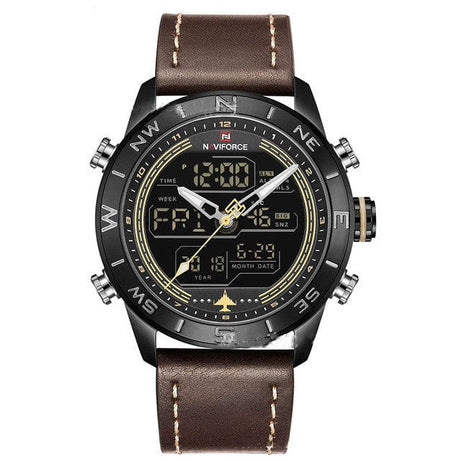 tradecastle mens NAVIFORCE 9144 Fashion Gold Men Sport Watches Mens LED Analog Digital Watch Army Military Leather Quartz Watch Relogio Masculino